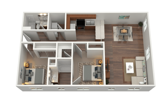 3D rendering of a two-bedroom two-bath floorplan