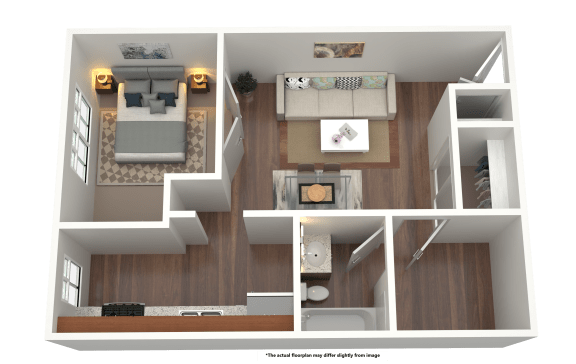 3D rendering of a one bedroom one bath apartment floorplan