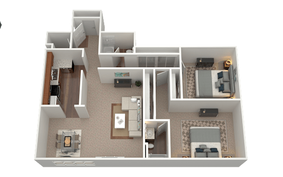 3D rendering of a two-bedroom two-bath floorplan