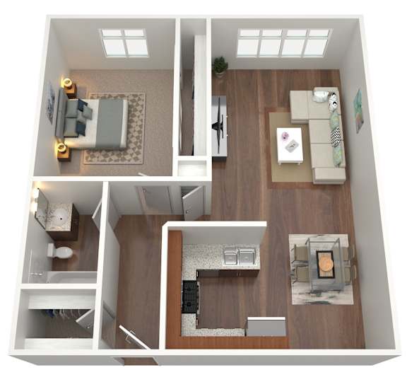 A 3D floor plan of a small apartment with a bedroom, living room, and kitchen.