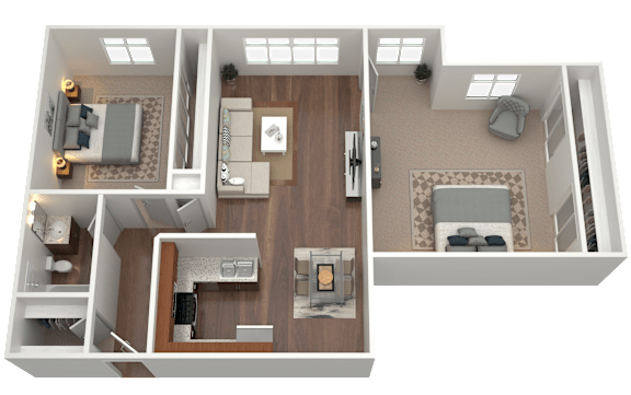 3D rendering of a large two bedroom one bath apartment floorplan