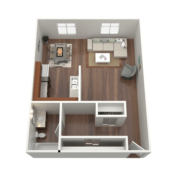 3D rendering of a studio apartment floorplan