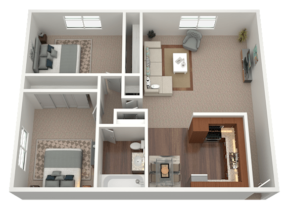3D rendering of a two bedroom one bath apartment floorplan