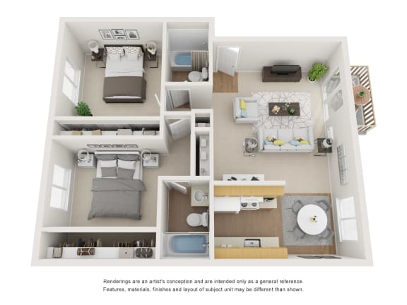 The Alpine Floor Plan; A two bedroom, two bathroom apartment floor plan at Greentree Village Apartments, Denver