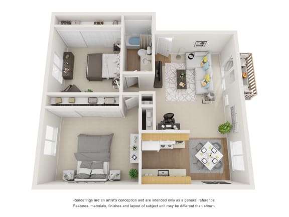 The Aspen Floor Plan; A two bedroom, one bathroom apartment floor plan at Greentree Village Apartments, Denver, Colorado