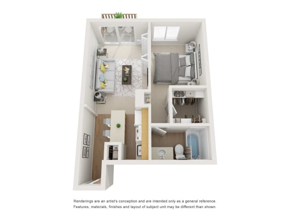 The Chateau Floor Plan; A one bedroom, one bathroom apartment floor plan at Greentree Village Apartments, Denver, CO, 80231