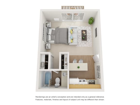 The Columbine Floor Plan; A studio apartment floor plan at Greentree Village Apartments, Colorado, 80231