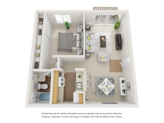The Geneva Floor Plan; A one bedroom, one bathroom apartment floor plan at Greentree Village Apartments, Denver, CO
