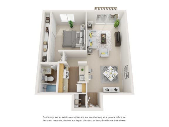 The Juniper Floor Plan; A one bedroom, one bathroom apartment floor plan at Greentree Village Apartments, Denver, 80231
