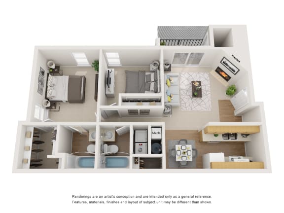 3-D image of a two-bedroom two-bath floor plan