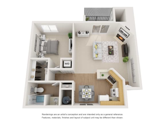 3-D image of a one bedroom one bath floor plan