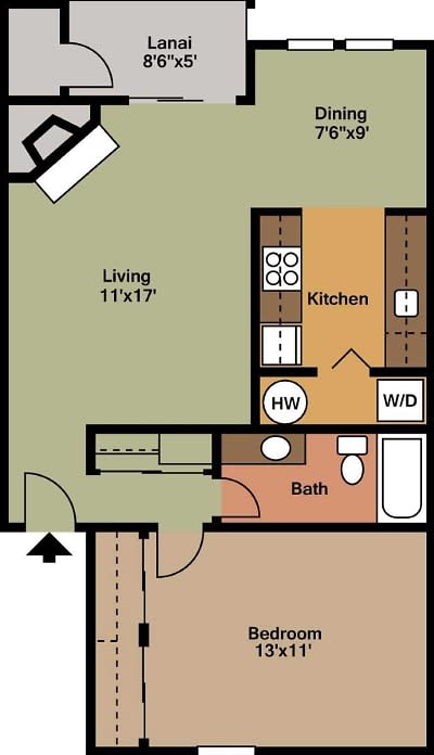 Floor Plan  A one bedroom, one bathroom apartment floor plan at Ladera Apartments in Tukwila, Washington