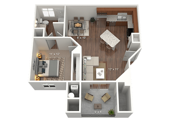 A 3D floor plan of a house showing the layout of the rooms.