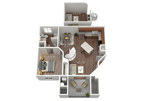 A 9x8 foot room with a kitchenette and a living room.