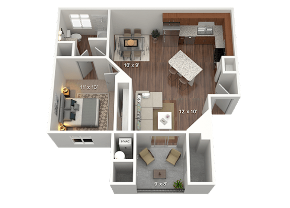 A 3D floor plan of a house with labeled dimensions.
