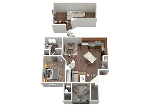 A 3D floor plan of a small apartment with a kitchen, living room, and bathroom.