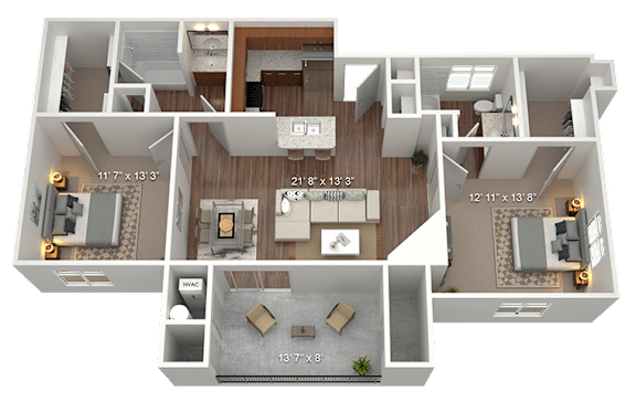 A 3D floor plan of a house with a living room, kitchen, and two bedrooms.