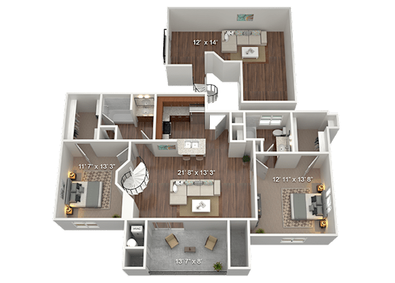 A 3D floor plan of a house with dimensions of each room.