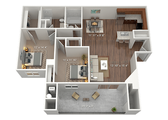 A 3D floor plan of a house showing the layout of the rooms.