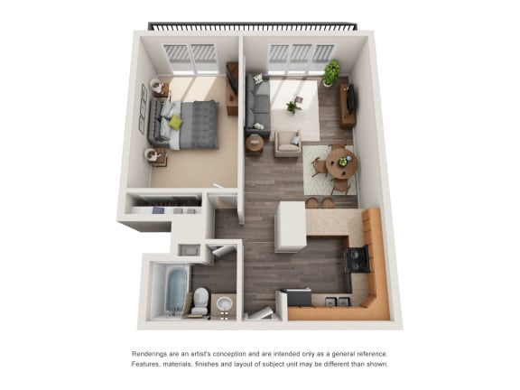 1 bedroom, 1 bathroom medium apartment floor plan