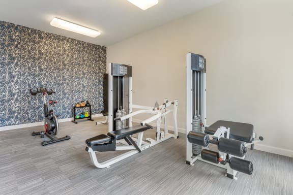a gym with exercise equipment and wallpaper on the wall