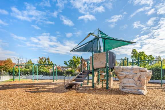 a playground with a jungle gym and a slide