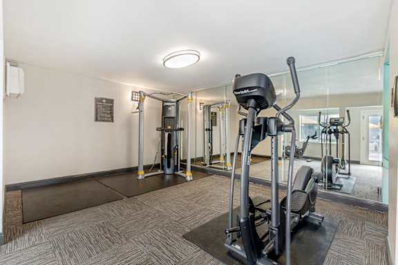 a gym with weights and cardio equipment in a room with glass walls