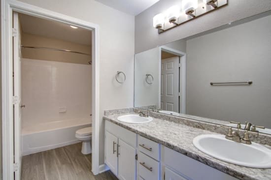 Master Bathroom with Dual Sinks at Boulders at Lookout Mountain Apartment Homes, Phoenix, AZ 85022