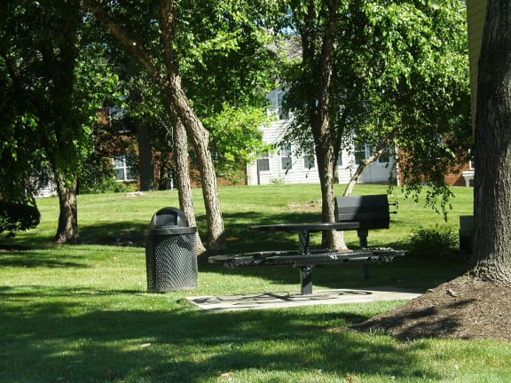 a park bench and a garbage can in a park