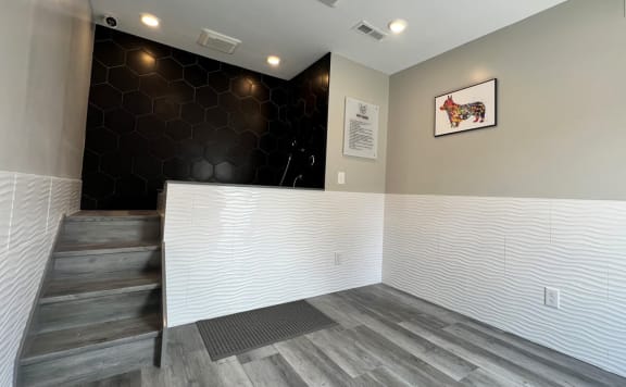 a view of the reception desk from the front of the building