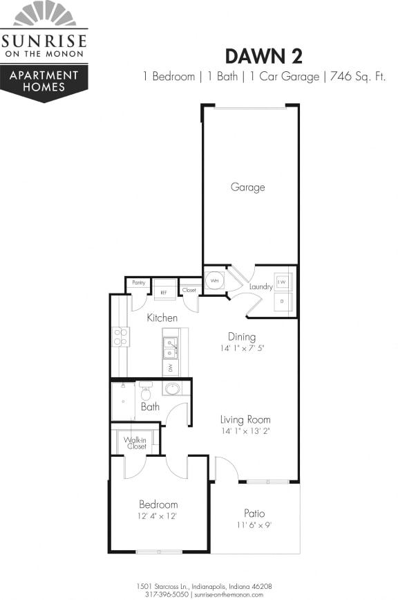 1 Bed 1 Bath Floorplan at Sunrise on the Monon, Indiana