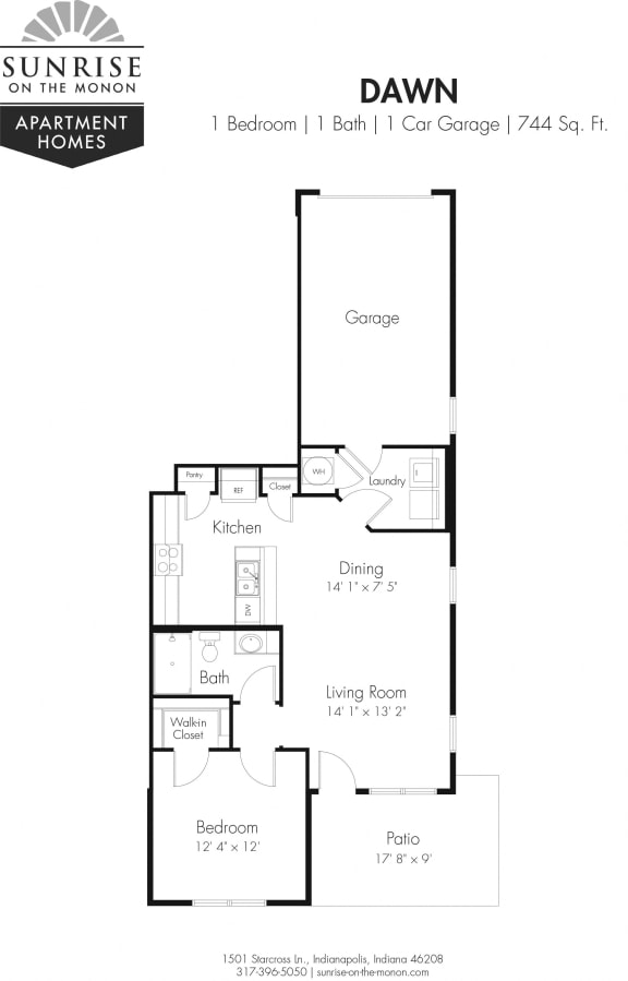 One Bedroom Floorplan at Sunrise on the Monon, Indiana, 46280