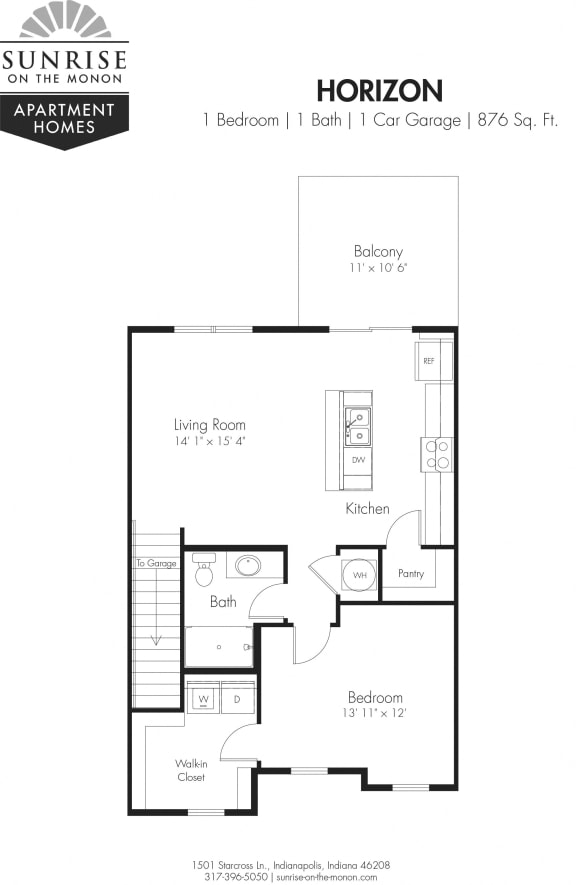 1 Bedroom 1 Bath Floorplan at Sunrise on the Monon, Carmel, IN, 46280