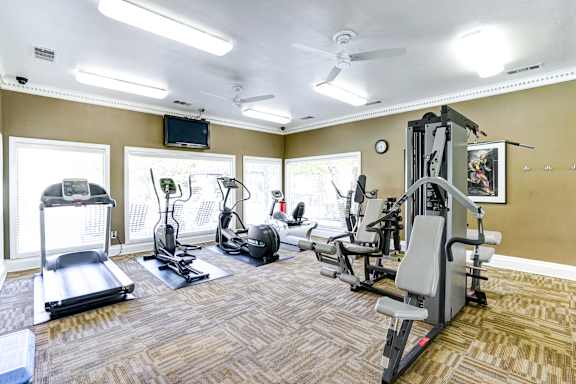 A well-equipped gym with treadmills, elliptical machines, and weight machines.
