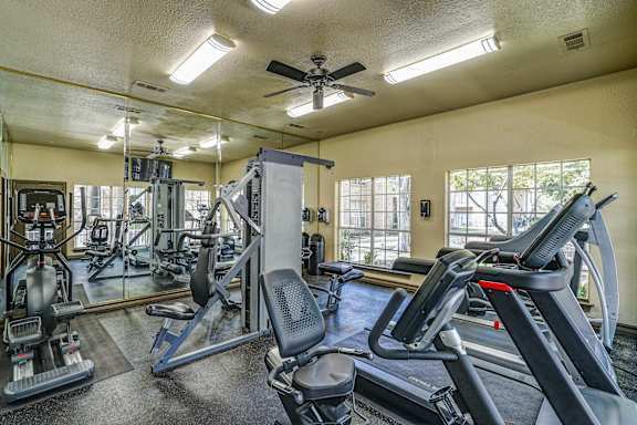 A gym with treadmills, weights, and exercise equipment.