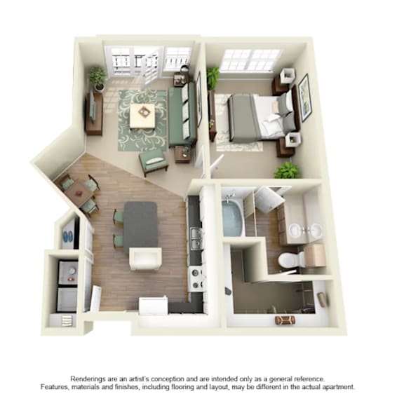 A 3D rendering of a small apartment with a kitchen, living room, and bathroom.