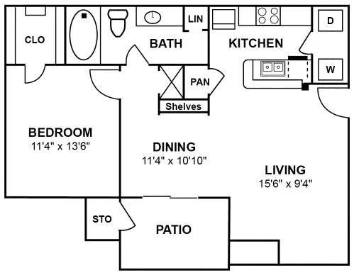 Floor Plan  A floor plan of a house with a bedroom, dining room, living room, kitchen, bathroom, and patio.