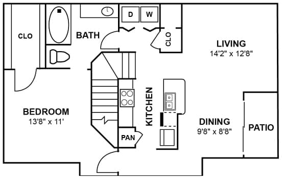 Floor Plan  A black and white image of a floor plan for a living space.