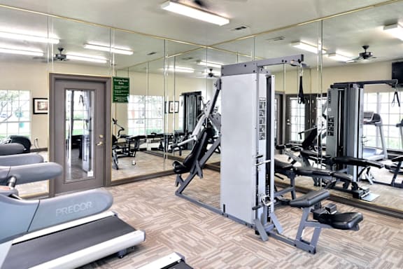 A gym with treadmills, weights, and mirrors.