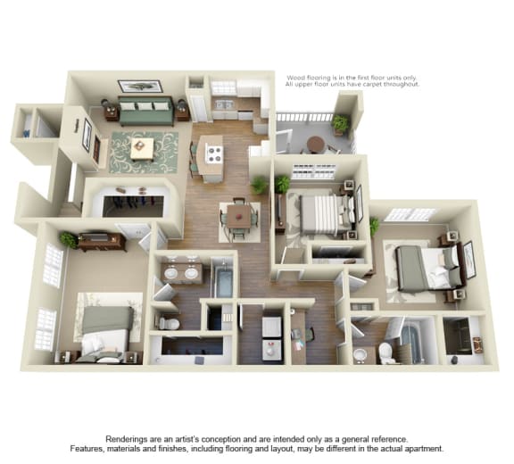 Floor Plan  3 bed 2 bath A at Cypress Lake at Stonebriar Apartments, Frisco, TX