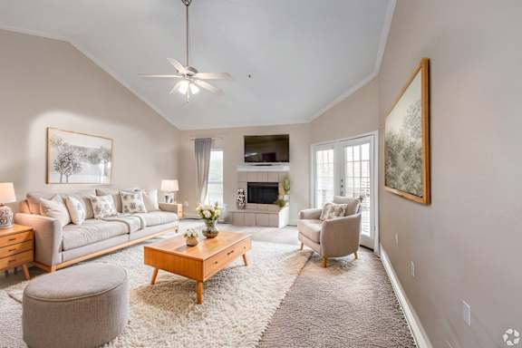 a living room with couches and chairs and a fireplace