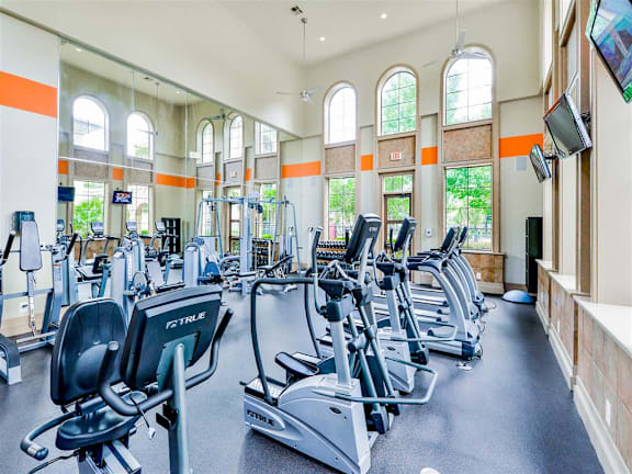 A gym with treadmills and exercise machines.