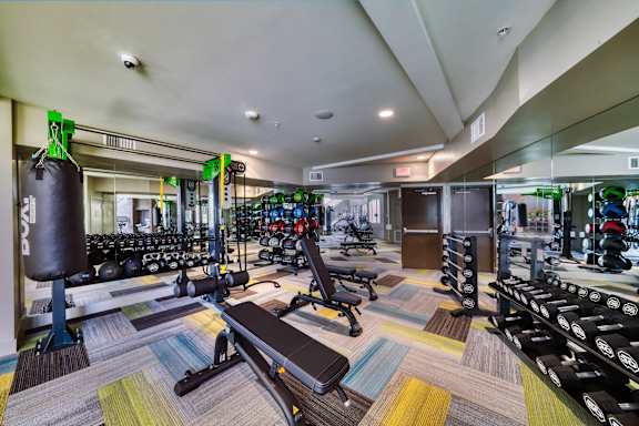 a gym with cardio machines and weights on the floor of a building