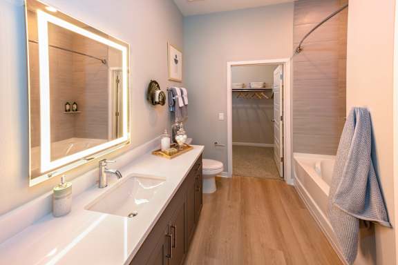 A bathroom with a white sink and a mirror above it.
