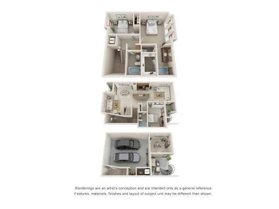 3 Bed 3 Bath Floor Plan at Dolce Villagio Townhomes, Tempe
