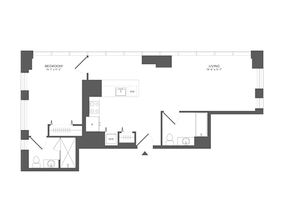 A floor plan of a house with a living room, two bedrooms, a bathroom, and a kitchen.
