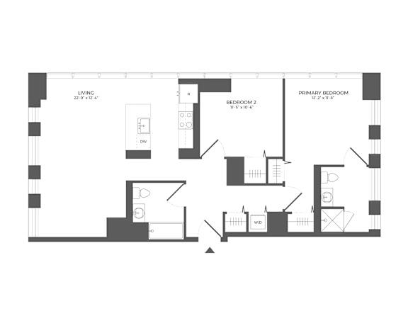 A black and white floor plan of a house with a living room, two bedrooms, a bathroom, and a kitchen.