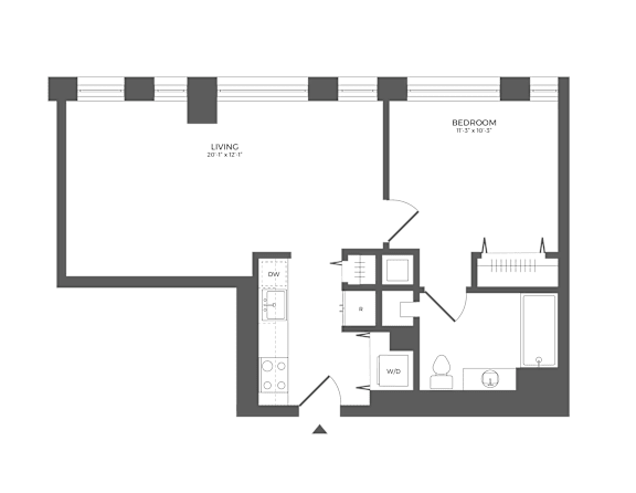 A black and white image of a floor plan for a small apartment.