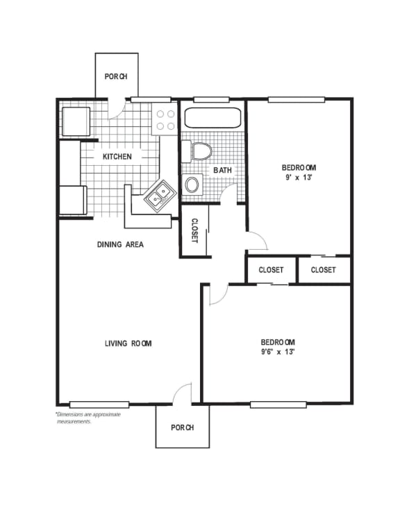 2 Bedroom 1 Bath A Floor Plan at Glen Lennox Apartments, Chapel Hill, North Carolina