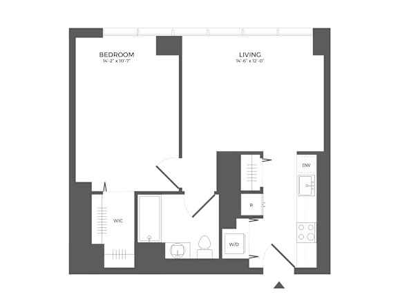 A floor plan of a small apartment with a bedroom, living room, and a kitchen.